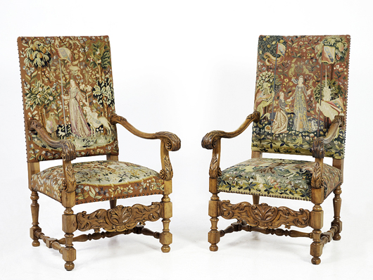 Pair of Louis XIII armchairs, France, 19th century walnut frame with needlepoint upholstery 48 x 27 x 22 inches. Estimate: $2,000-$3,000. Image courtesy of Morton Kuehnert Auctioneers & Appraisers.